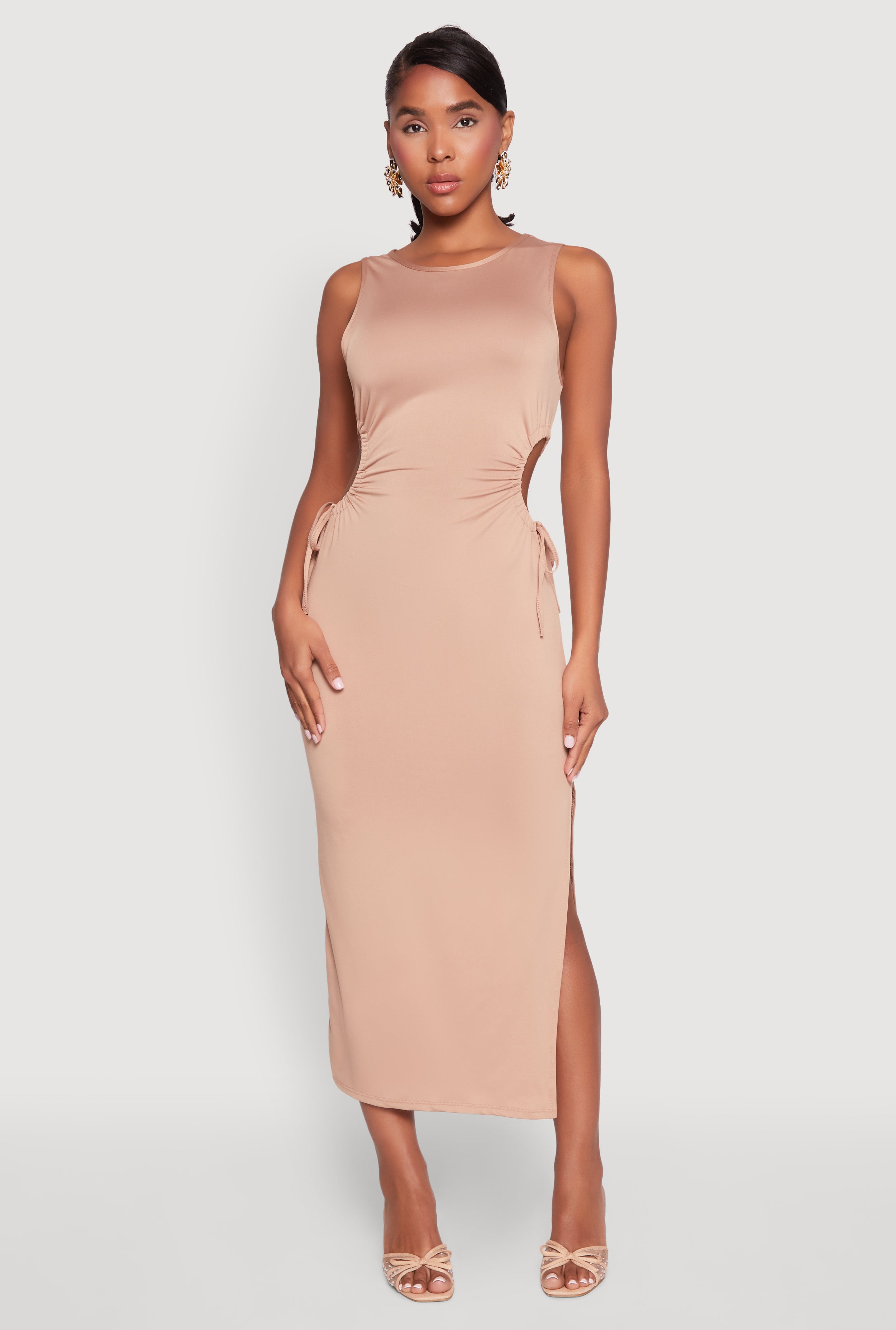 Drawstring Side Cut Out Sleeveless Midi Dress