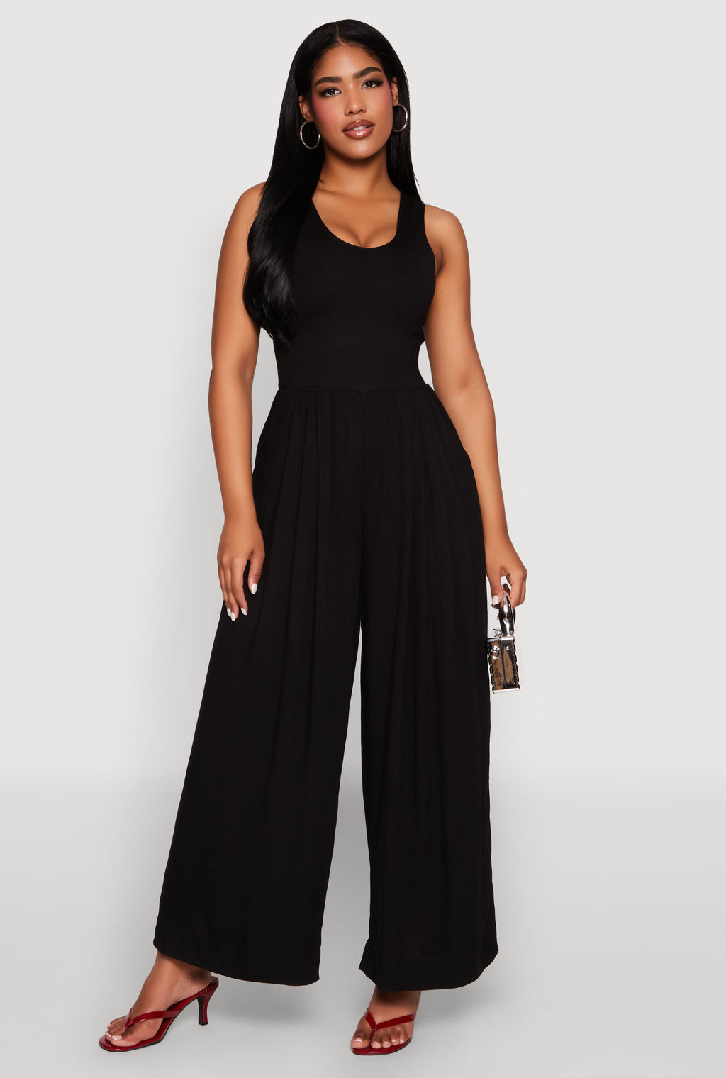 Ponte Wide Leg Pleated Jumpsuit