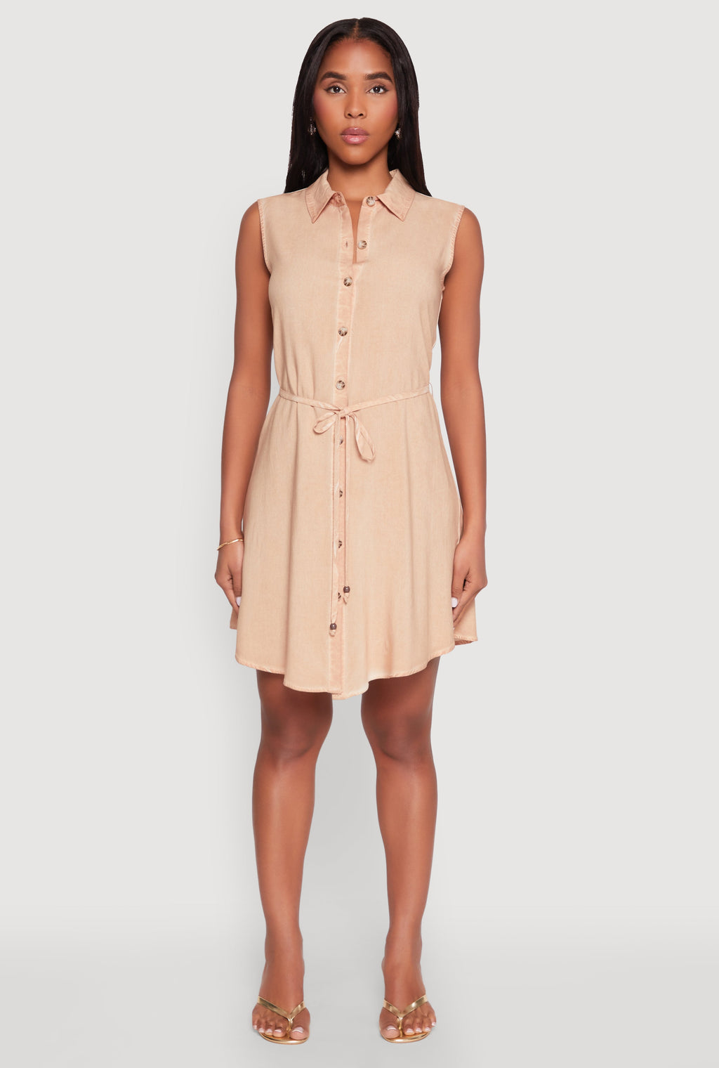 Tie Waist Belted Sleeveless Shirt Dress