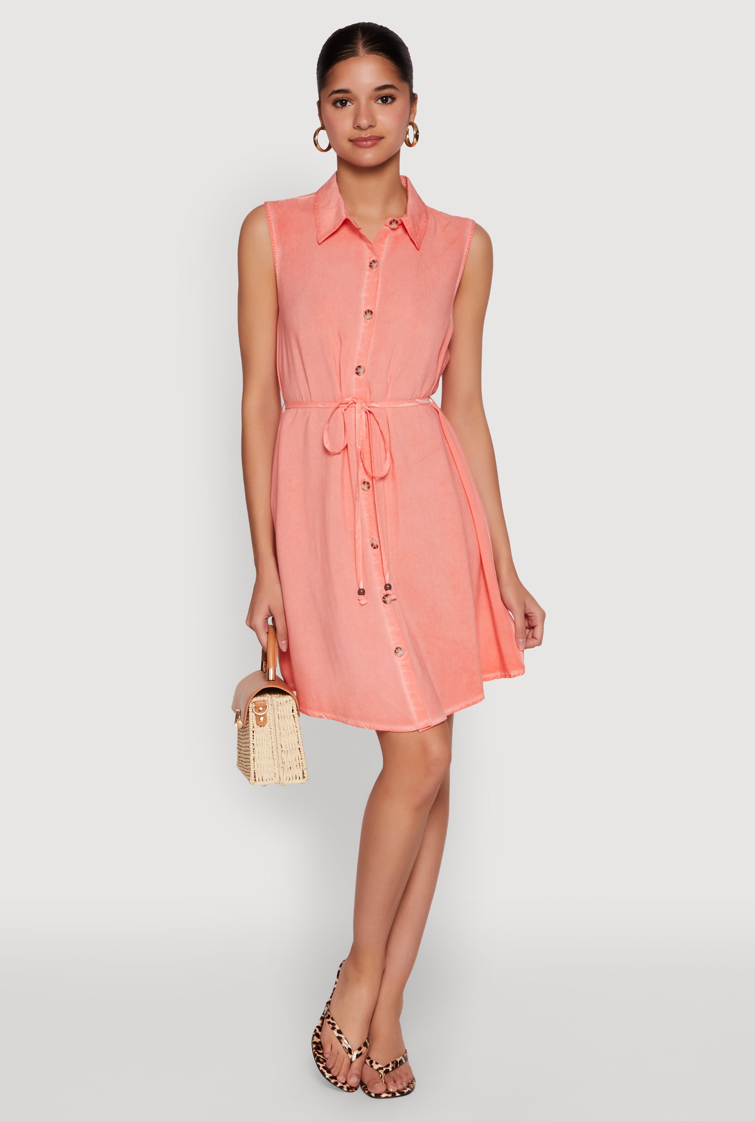 Tie Waist Belted Sleeveless Shirt Dress