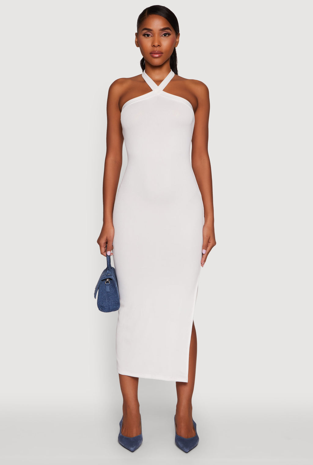 Ribbed Knit Bodycon Halter Dress with Side Slit