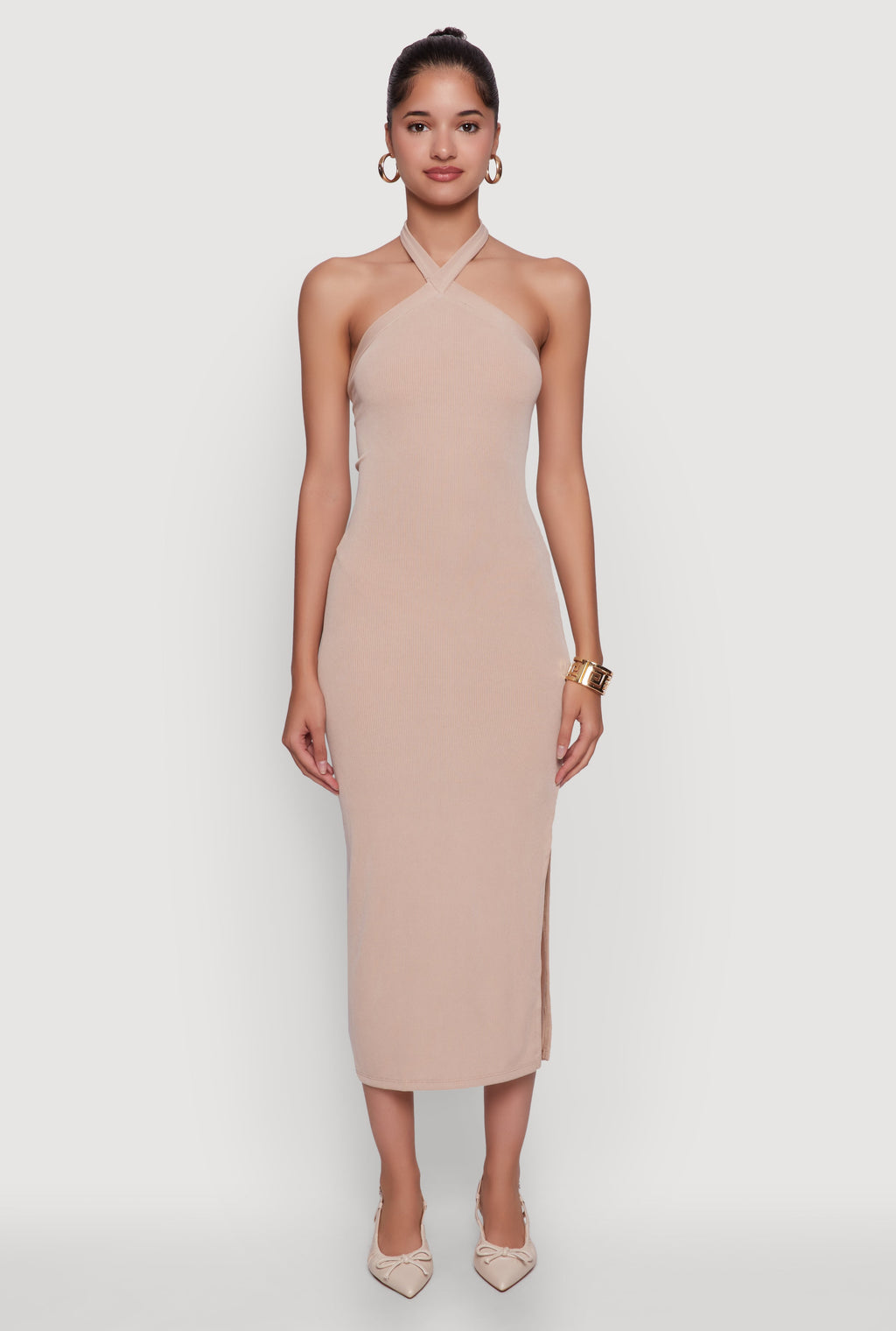 Ribbed Knit Bodycon Halter Dress with Side Slit