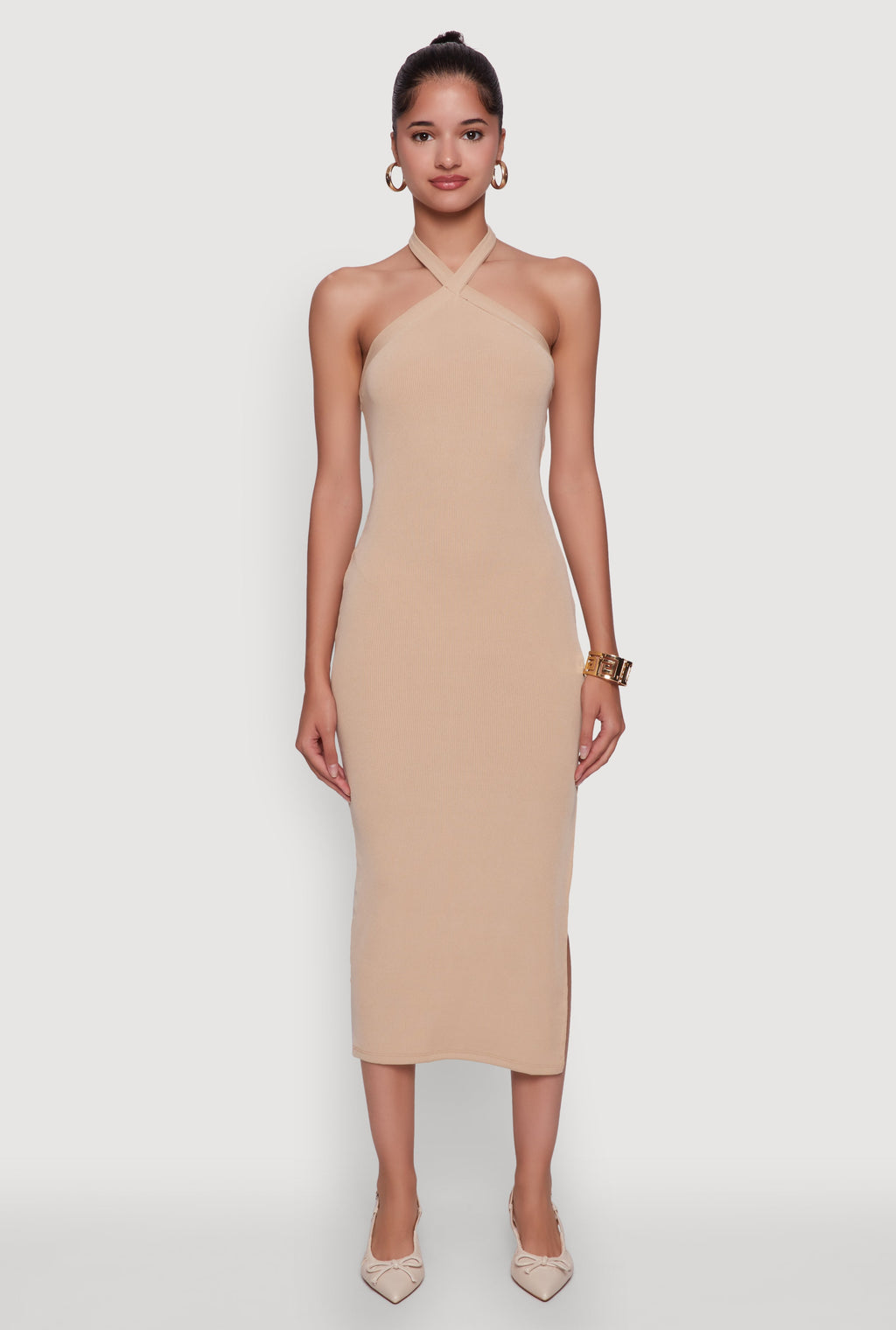 Ribbed Knit Bodycon Halter Dress with Side Slit