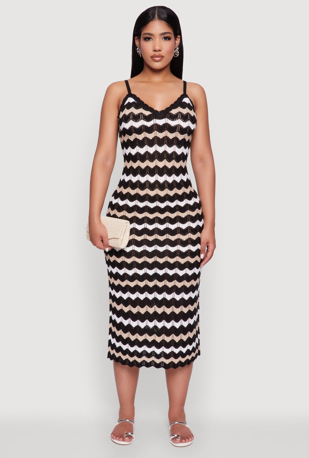 Madden Girl Wavy Striped V Neck Sleeveless Crochet Cami Dress