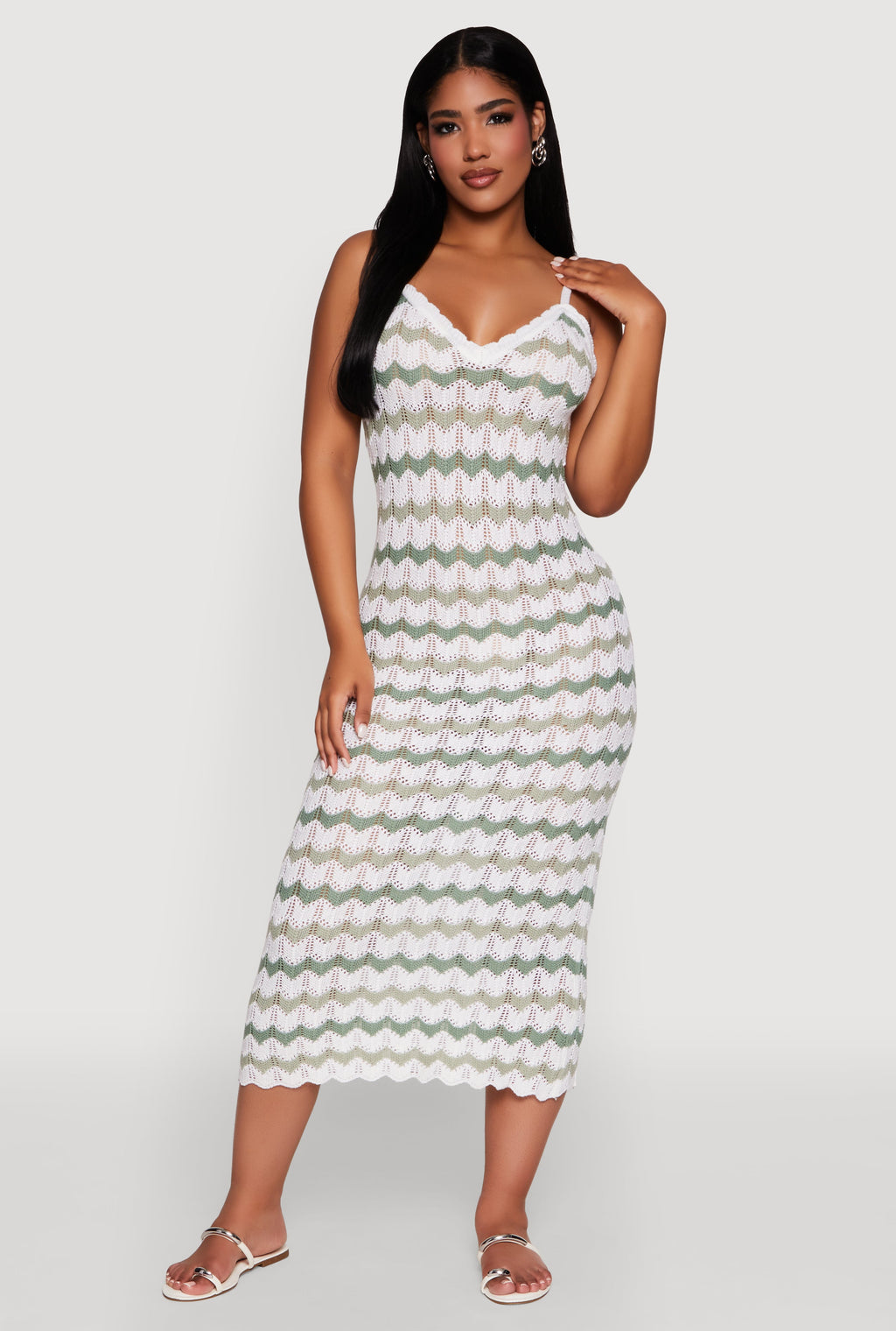 Madden Girl Wavy Striped V Neck Sleeveless Crochet Cami Dress