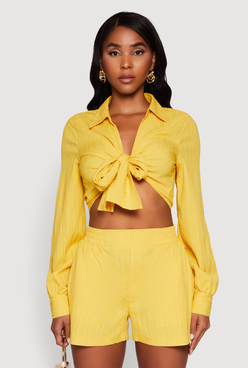 Chic Textured Knit Bubble Sleeve Tie Front Crop Top