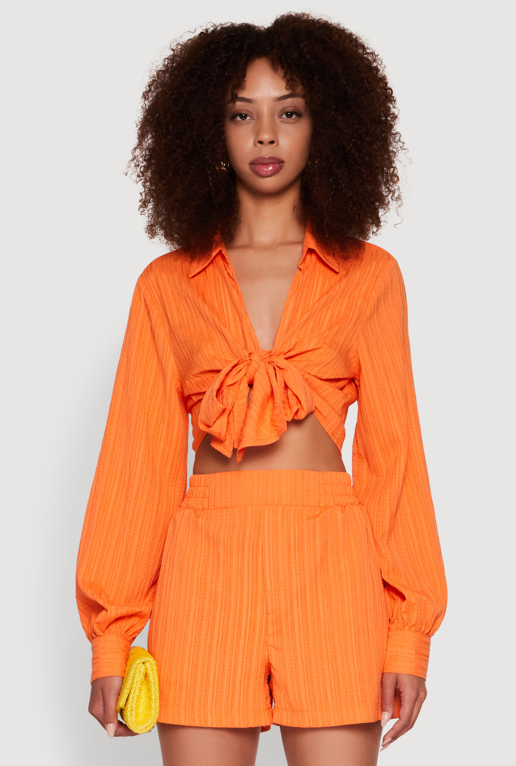 Chic Textured Knit Bubble Sleeve Tie Front Crop Top