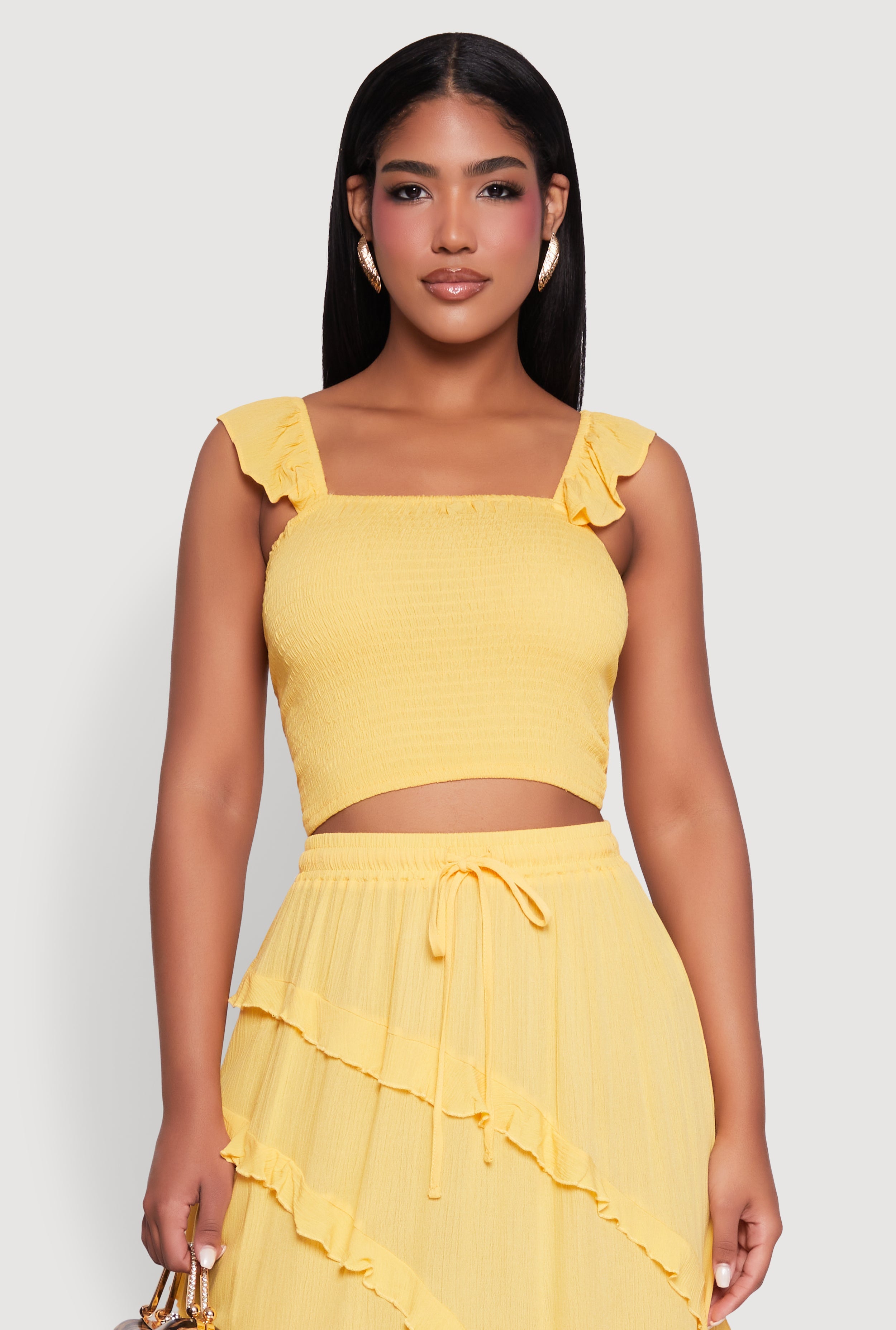 Chic Gauze Knit Ruffle Strap Crop Top with Square Neck