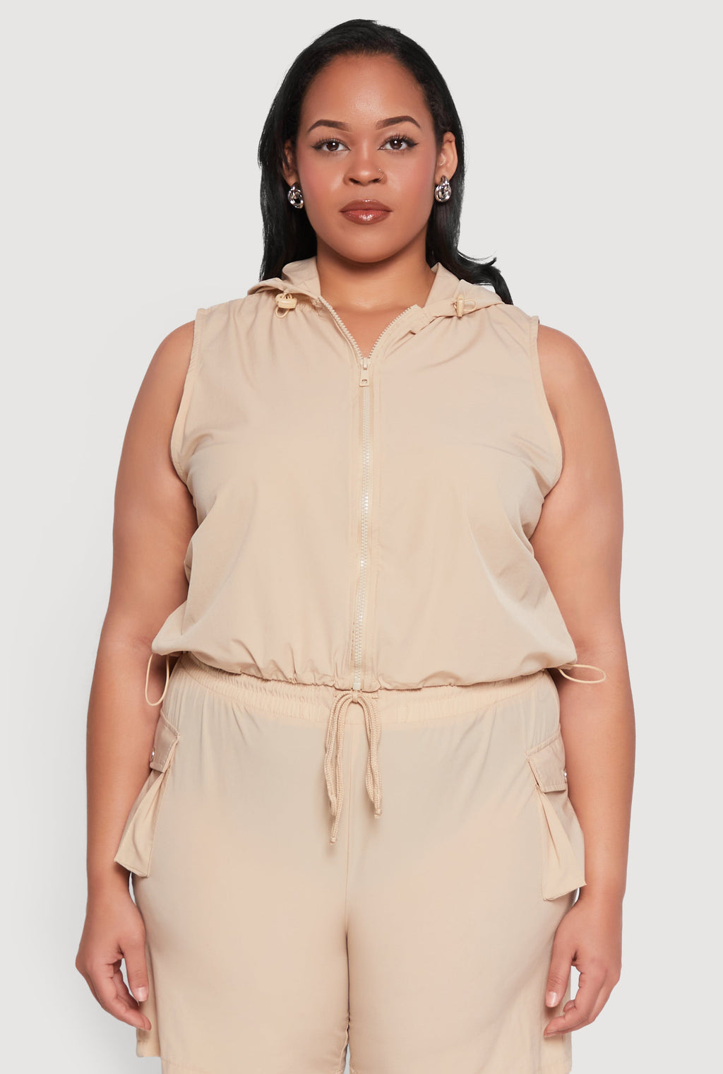 Plus Size Zip Front Sleeveless Windbreaker Vest