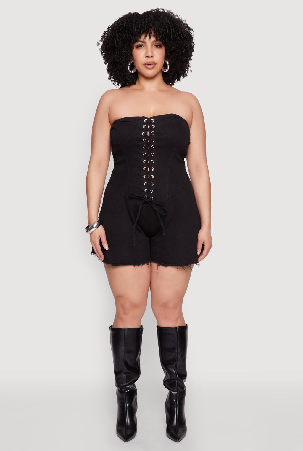 Plus Size Daisy Strapless Lace Up Denim Romper