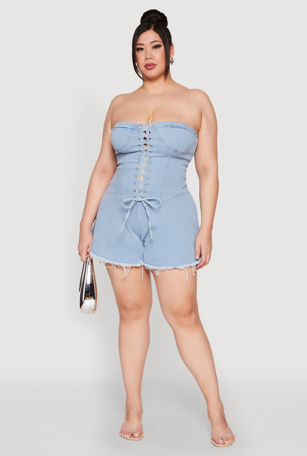 Plus Size Daisy Strapless Lace Up Denim Romper