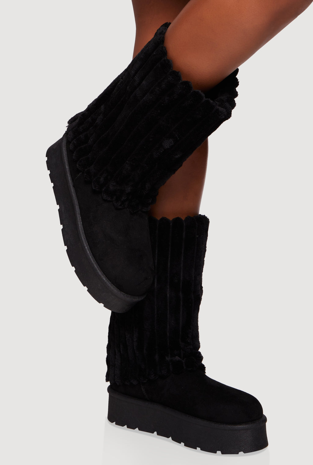 Ribbed Faux Fur Cuff Round Toe Platform Boots