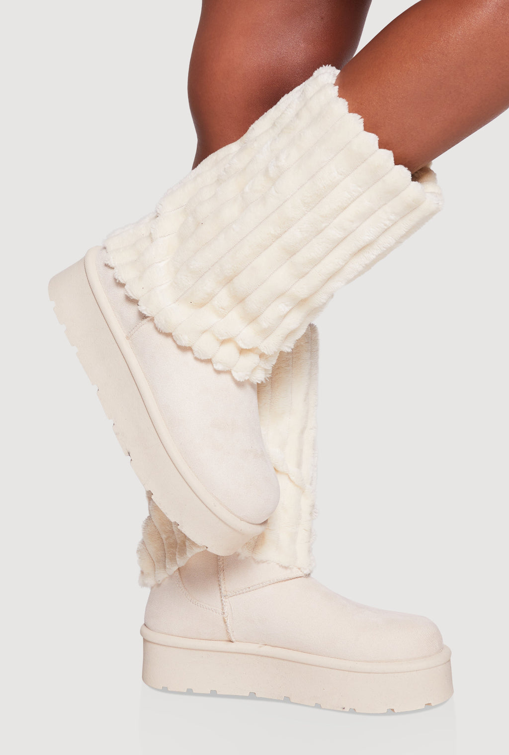 Ribbed Faux Fur Cuff Round Toe Platform Boots