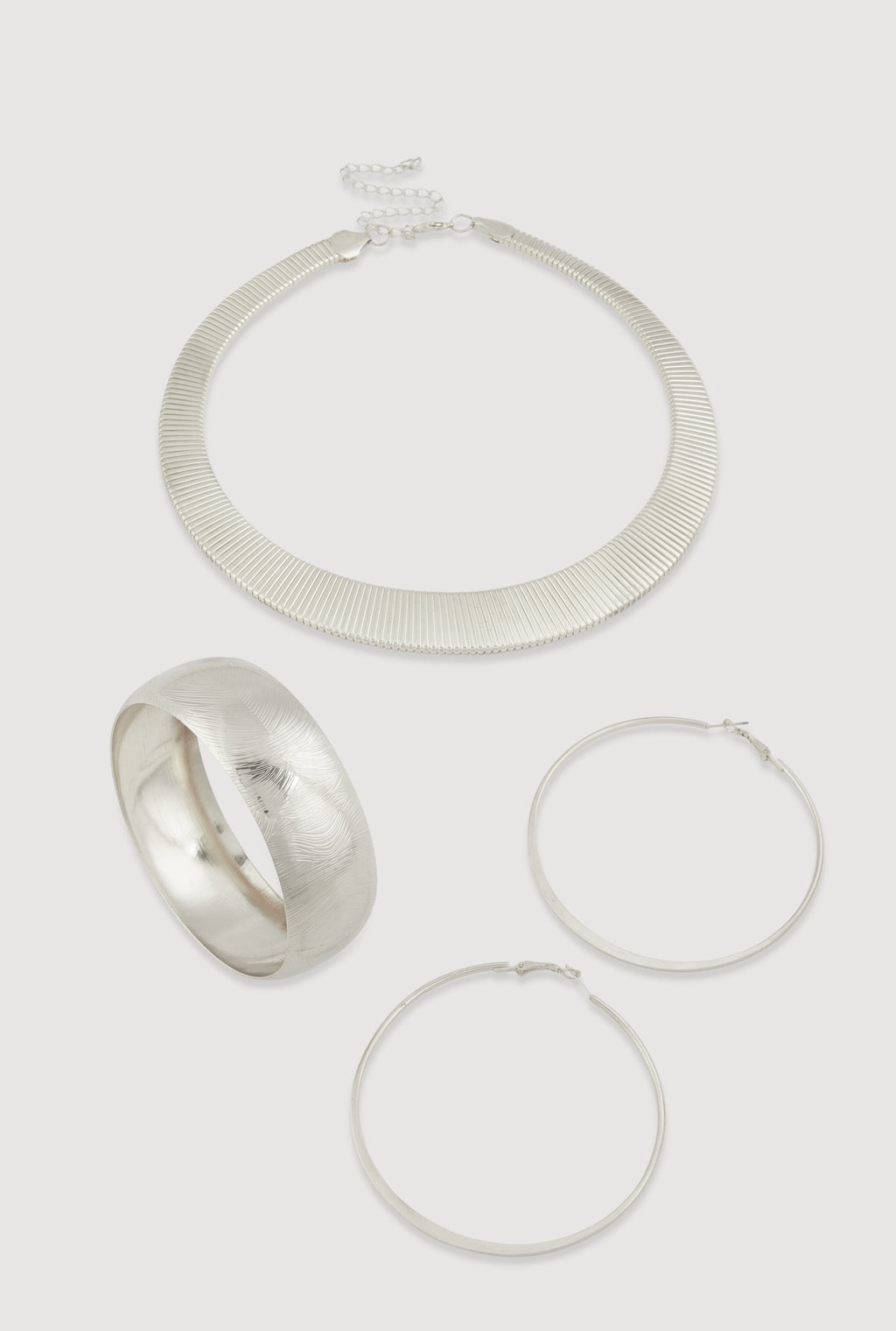 Metallic Statement Necklace with Hoop Earrings and Bangle Set