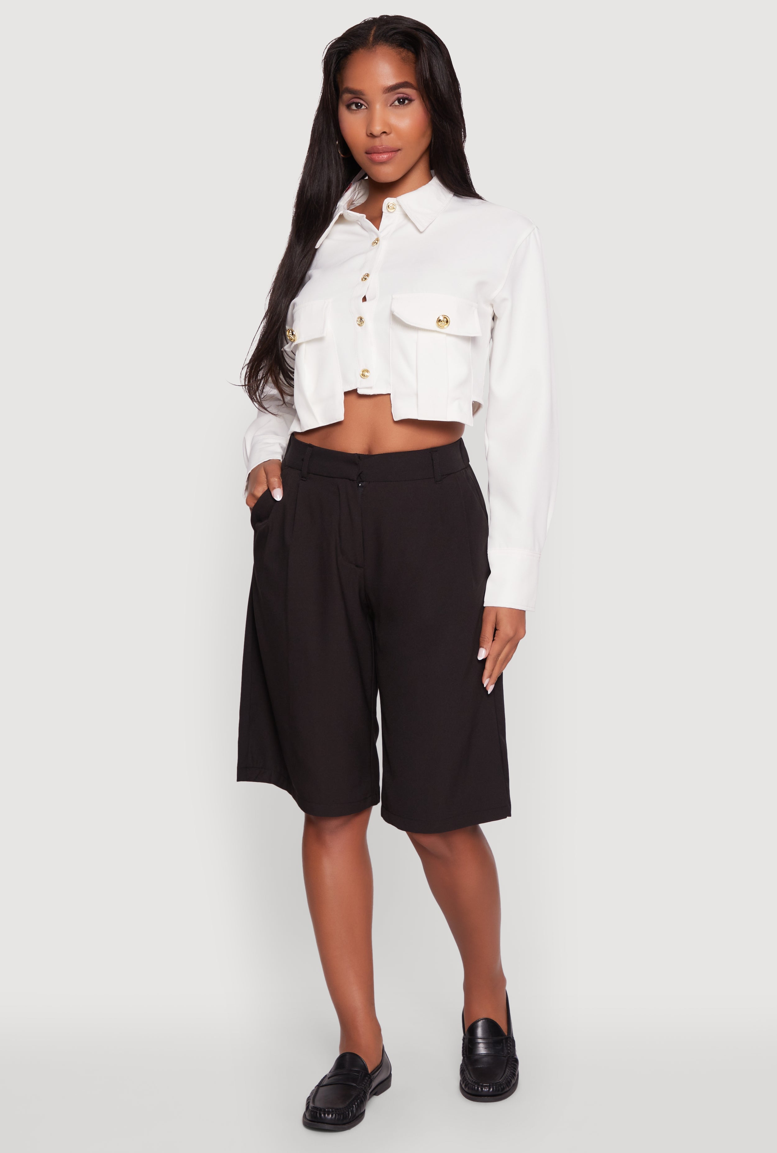 Classic Fit Solid Long Sleeve Shirt with Cropped Hem