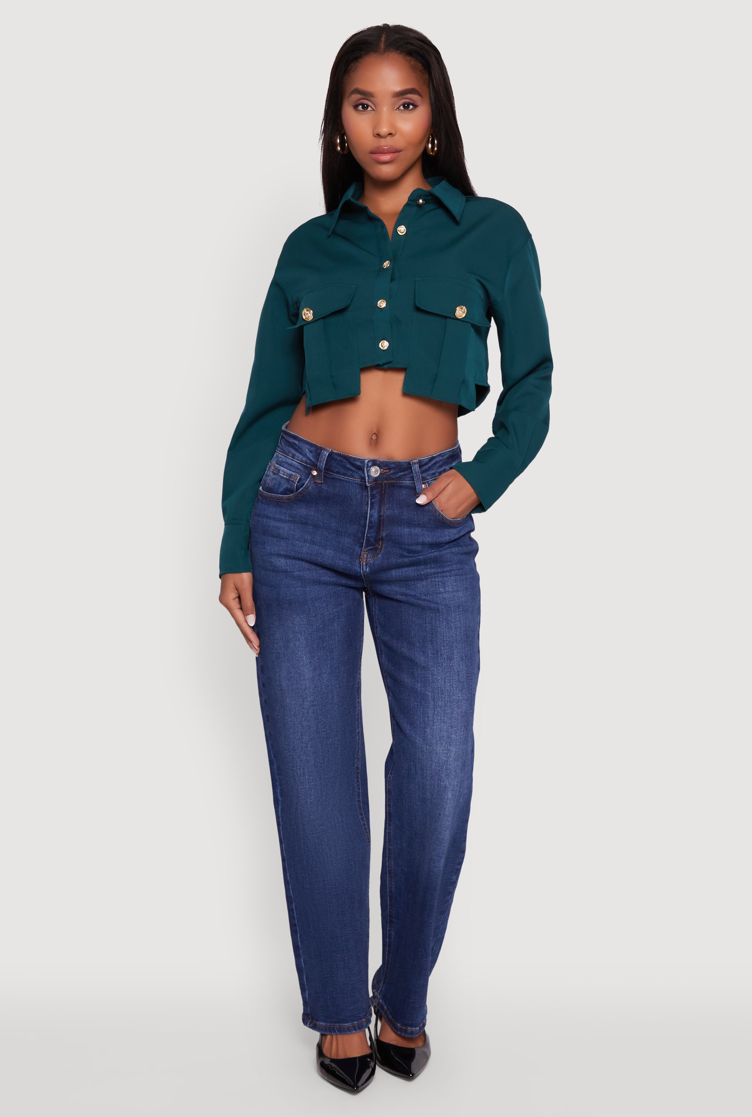Classic Fit Solid Long Sleeve Shirt with Cropped Hem