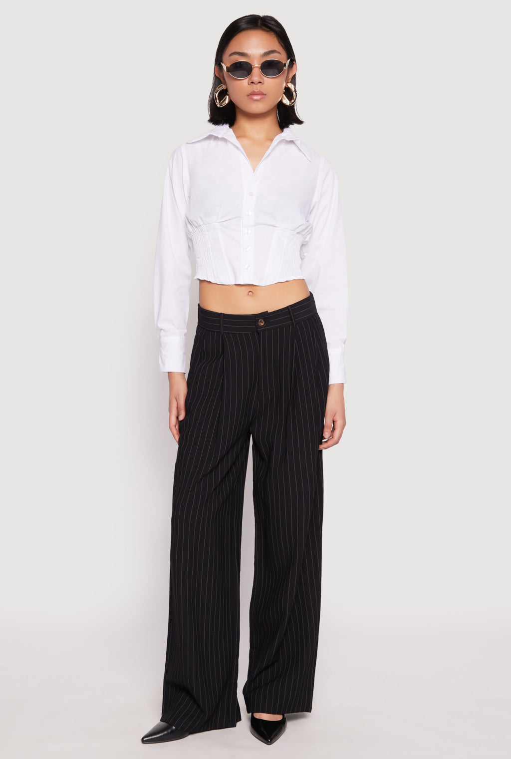 Smocked Waist Button Front Blouse