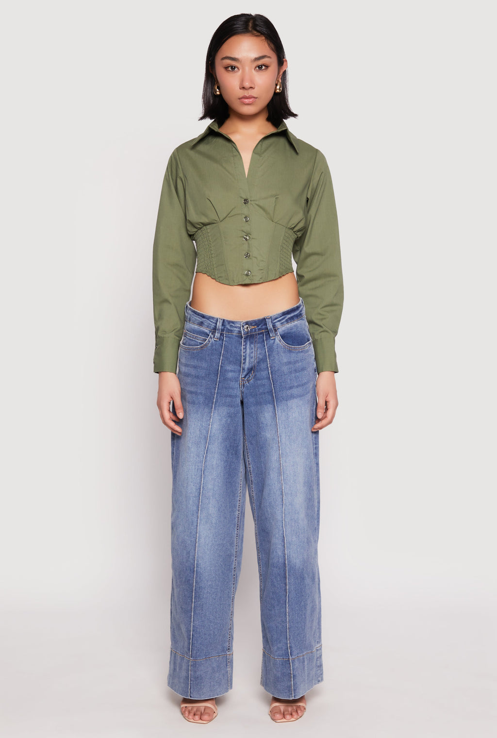 Smocked Waist Button Front Blouse