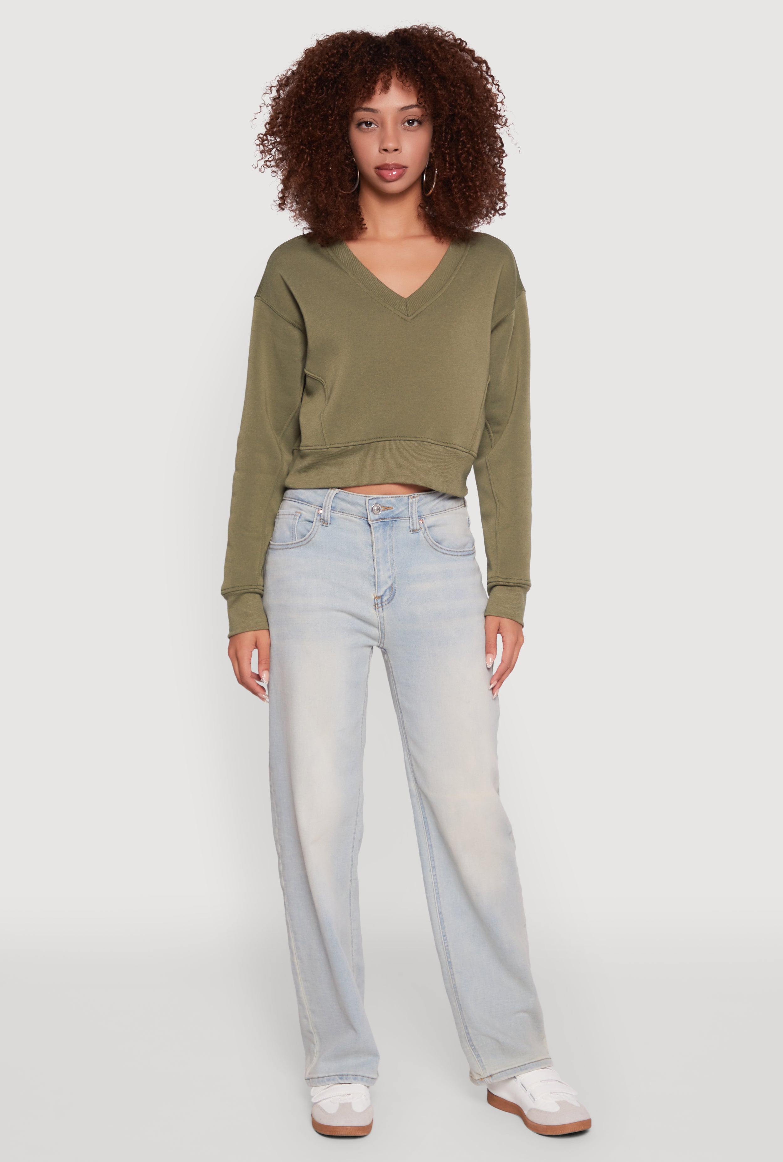 Fleece Lined V-Neck Crop Sweatshirt