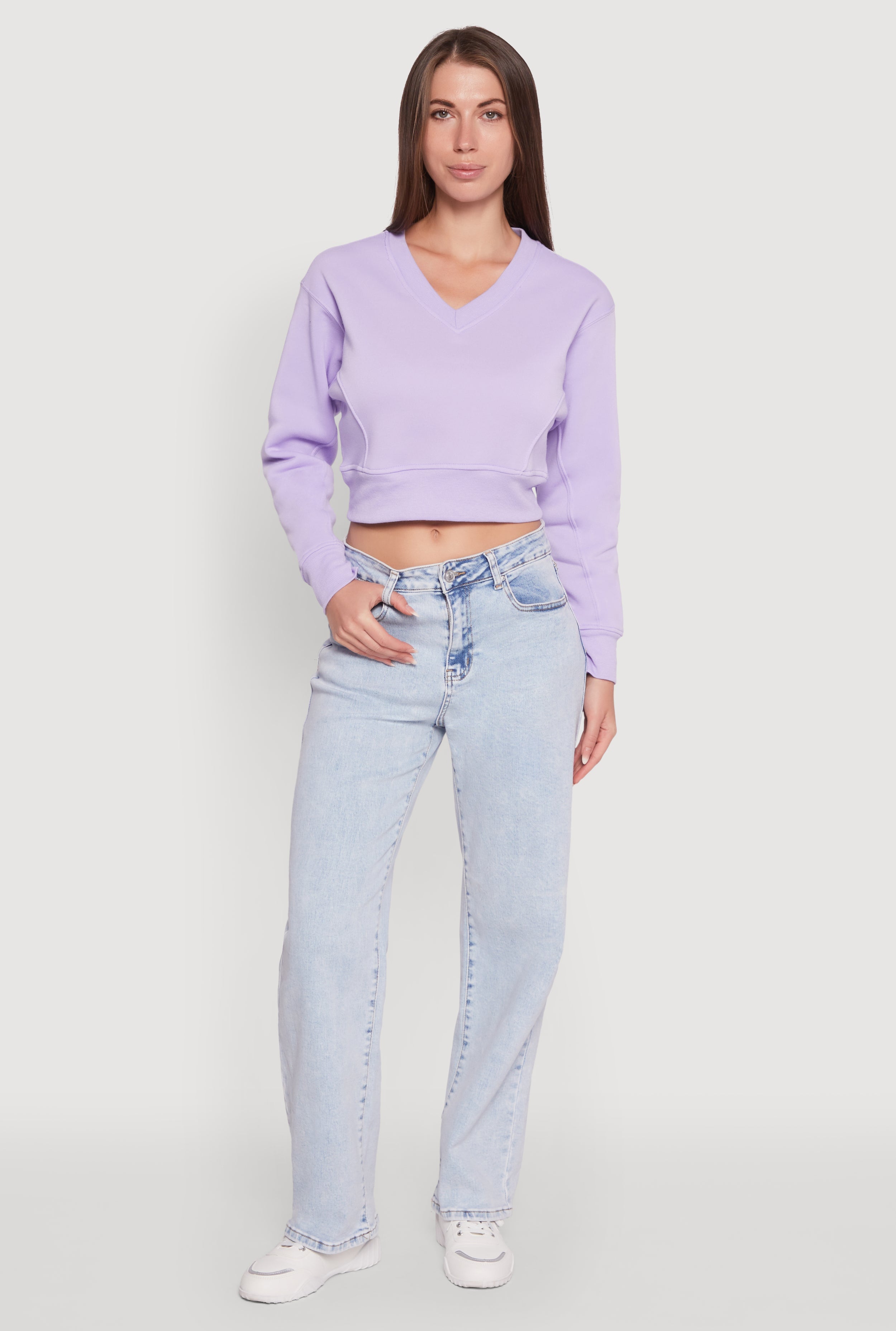 Fleece Lined V-Neck Crop Sweatshirt