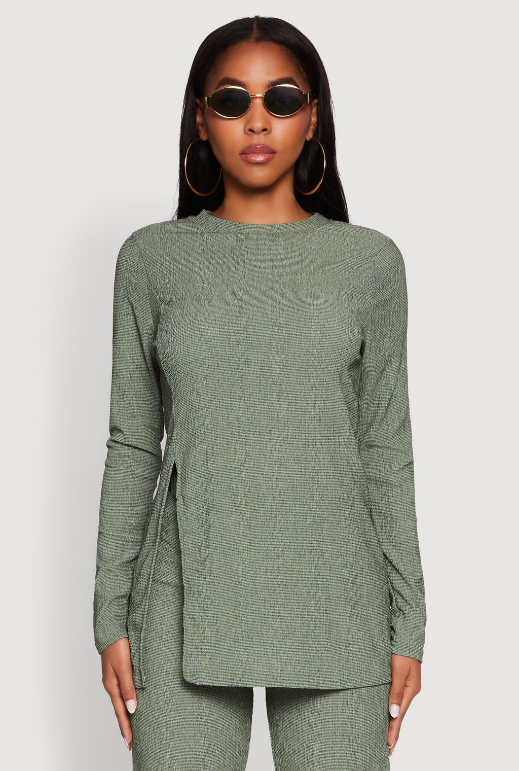 Seersucker Crew Neck Side Slit Long Sleeve Top