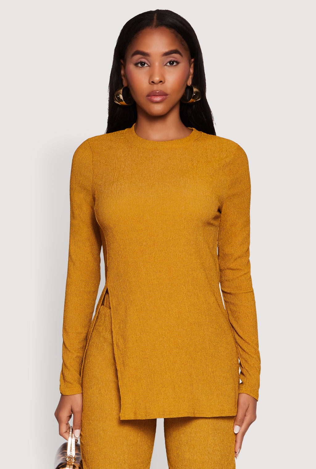 Seersucker Crew Neck Side Slit Long Sleeve Top