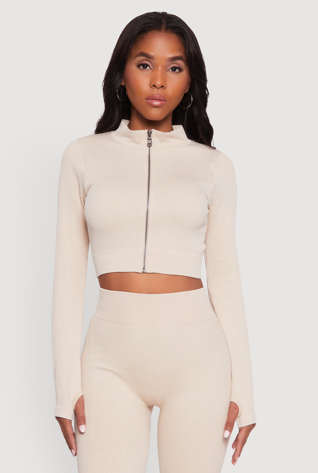 Seamless Ribbed Zip Front Cropped Track Jacket
