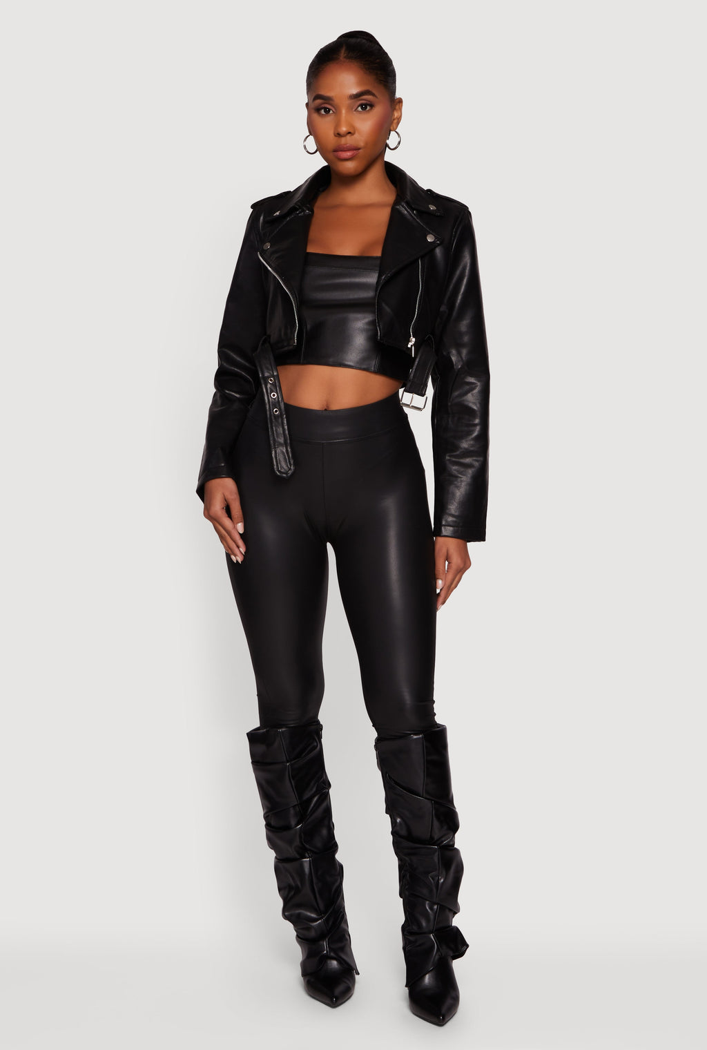 Faux Leather Cropped Moto Jacket with Belted Hem
