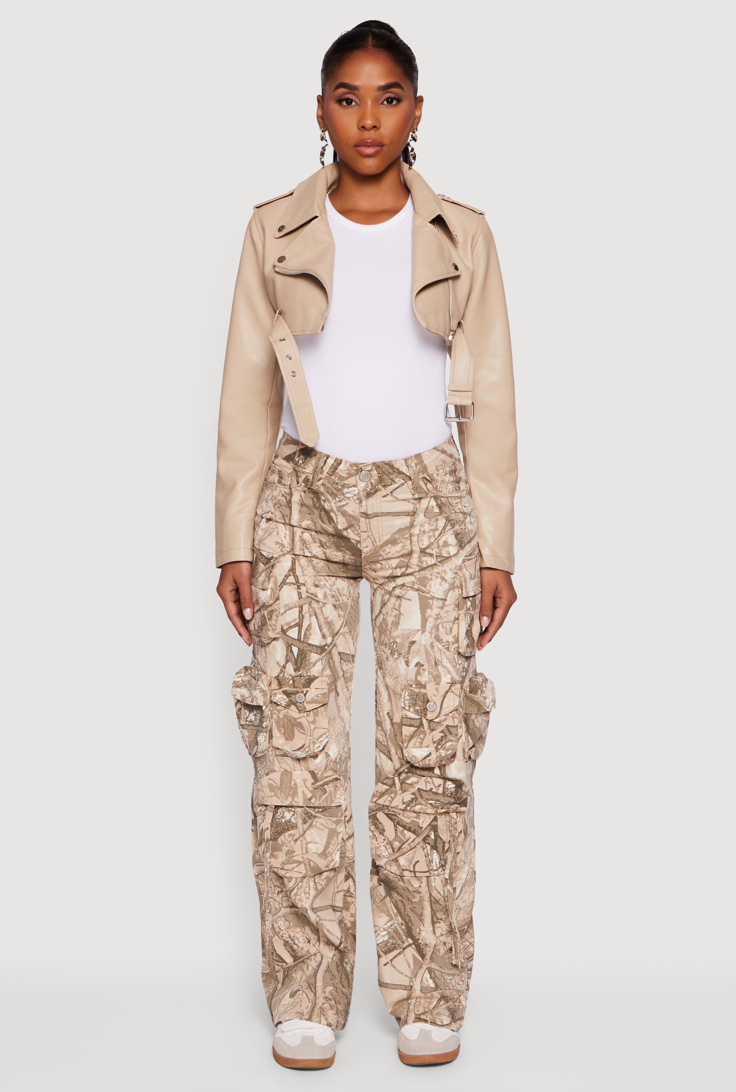 Faux Leather Cropped Moto Jacket with Belted Hem
