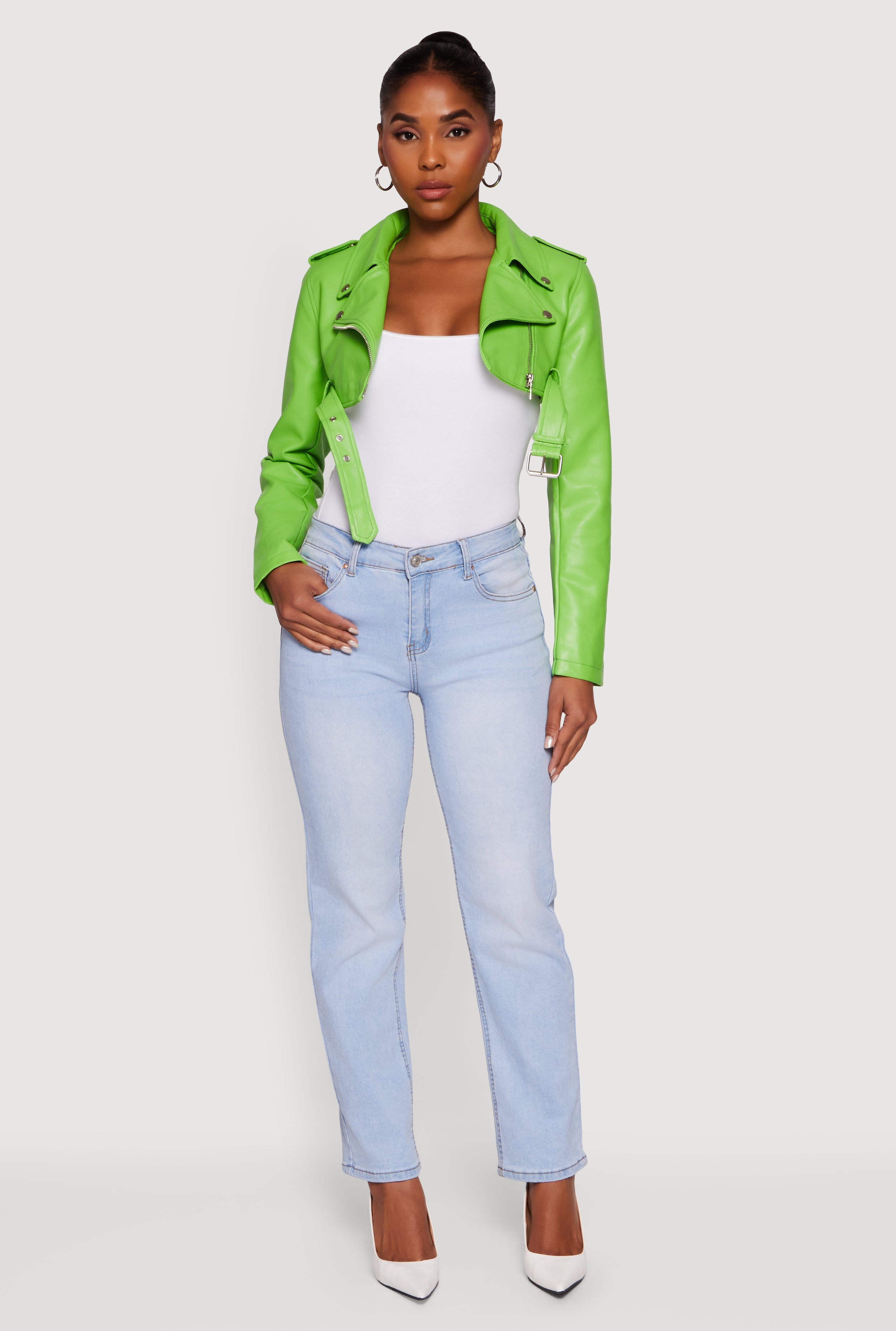 Faux Leather Cropped Moto Jacket with Belted Hem