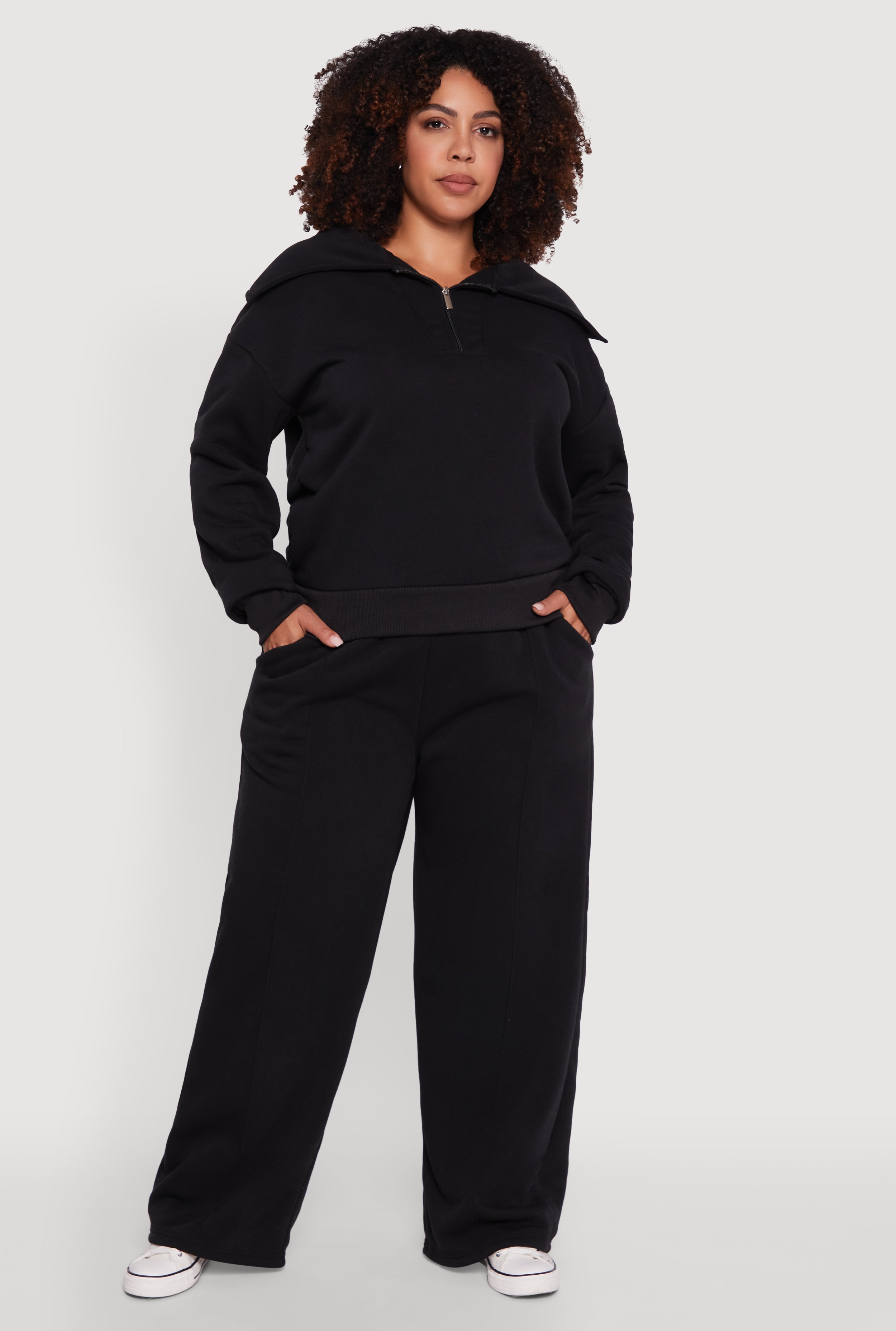 Plus Size Wide Leg Fleece Sweatpants with Pockets
