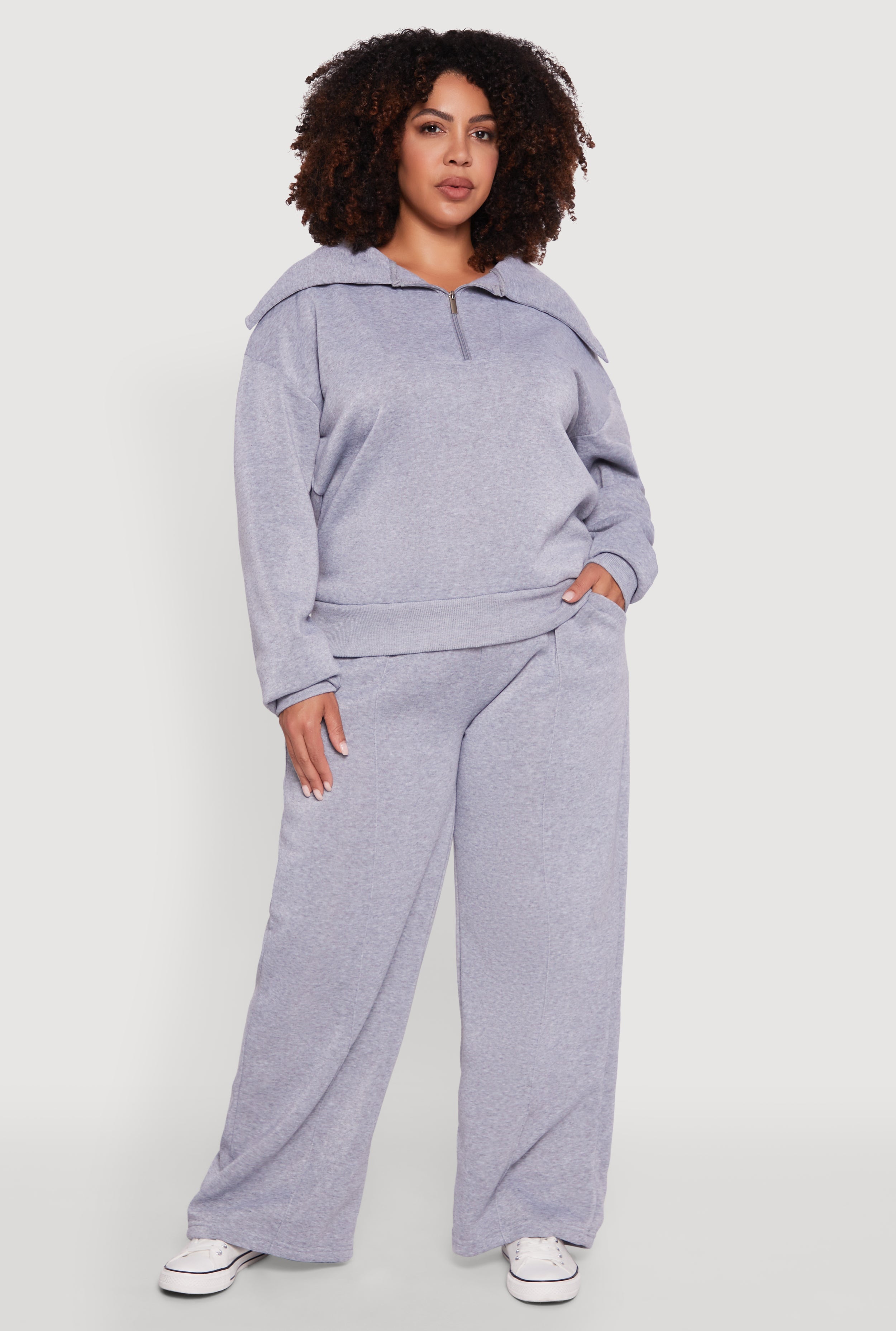 Plus Size Wide Leg Fleece Sweatpants with Pockets