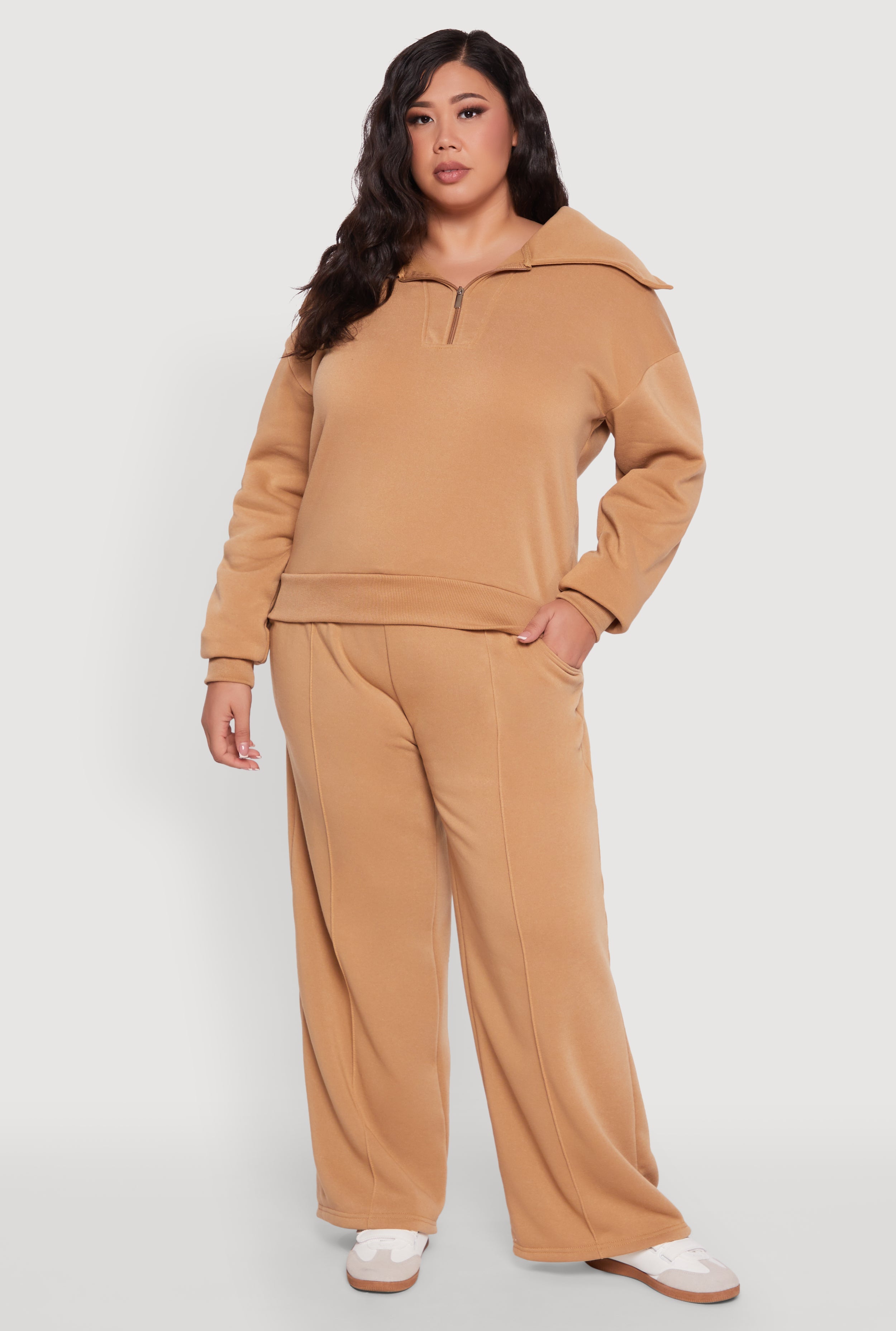 Plus Size Wide Leg Fleece Sweatpants with Pockets